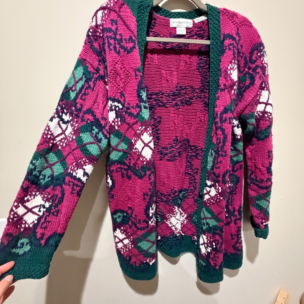 VTG Paris Sport Club Cardigan Sweater Womens Medium Pink Green Hand Knit Indie